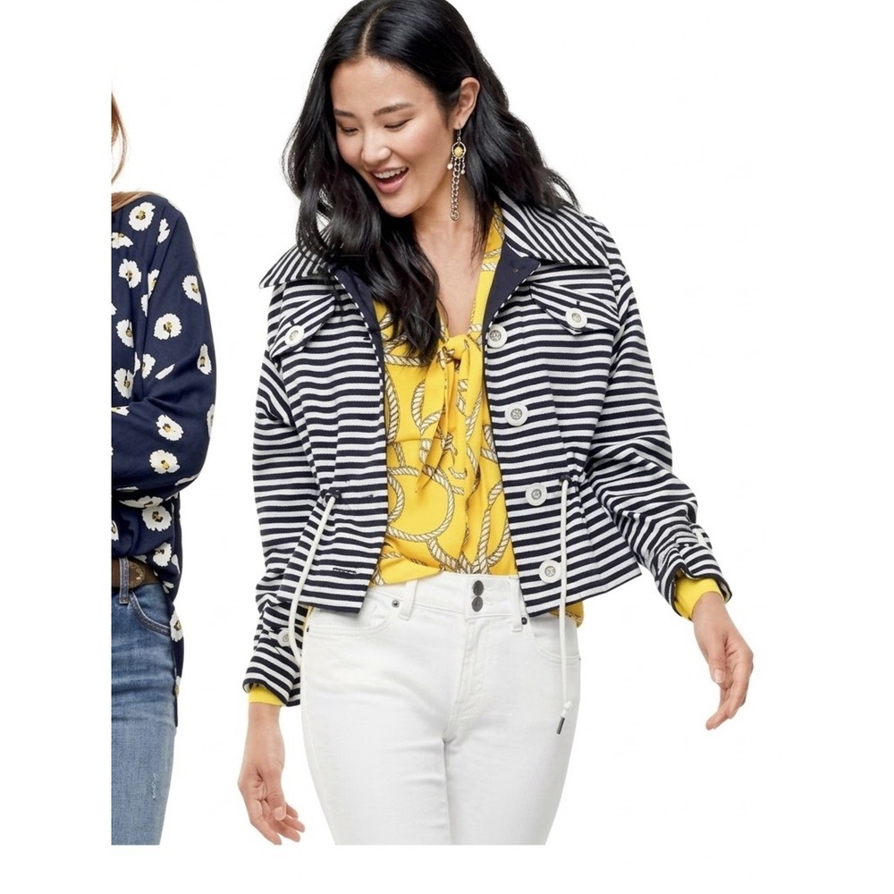 cabi Navy Blue White Striped Harbor Cinch Jacket M Preppy Nautical Utility Layer